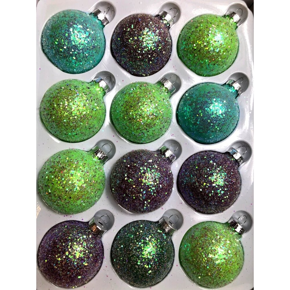 Christmas Ornament Set Of 12 Glitter Green & Purple Baubles Globe Hand-Painted M